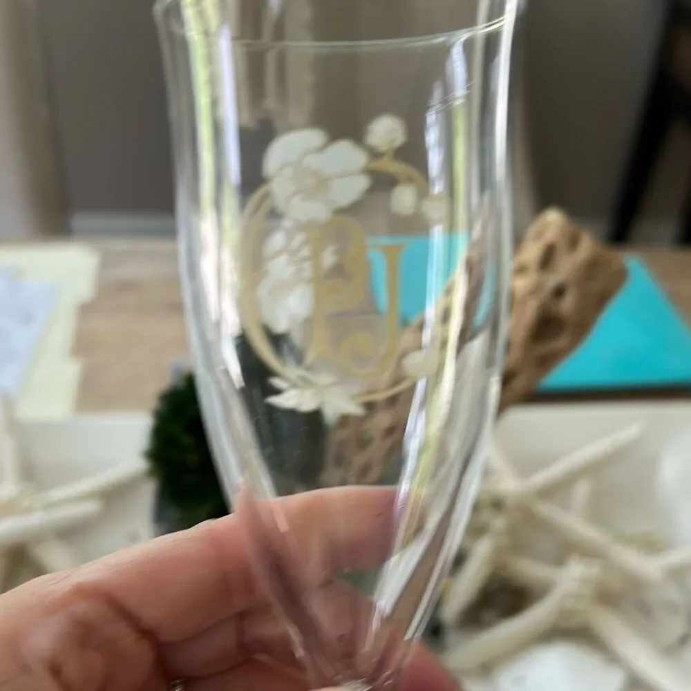 2 Perrier Jouet signature champagne flutes glasses with floral design set of two